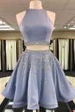 Cute Two Piece Beading Sexy Short Cheap Open Back Halter Satin Homecoming Dress