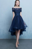 Dark Blue Lace Tulle Short Sleeve High Low Round Neck A-Line Short Prom Dresses uk PH408