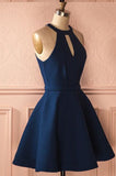 A-Line Jewel Keyhole Dark Blue Satin Short Sleeveless Cute Mini Homecoming Dresses PM196