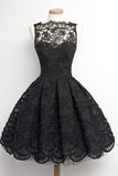 A-Line Scalloped-Edge Sleeveless Vintage Black Lace Knee-Length Homecoming Dress PM235
