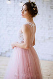 New Arrival Princess Scoop Neck Tulle with Appliques Lace Floor-length Pink Prom Dresses uk PM630