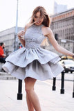 A-Line Round Neck Grey Short Beads Sleeveless Homecoming Dresses uk with Lace PH859