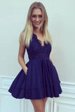 A-Line V Neck Short Navy Blue Satin Homecoming Dresses with Lace Sequins Pockets PH709