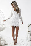 A Line Long Sleeve White Simple Lace Short Sexy Criss Cross Above Knee Homecoming Dress PH783